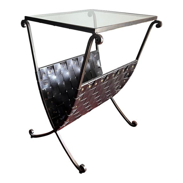 1980s Side Table /Magazine Rack Woven Faux Leather Glass Top For Sale