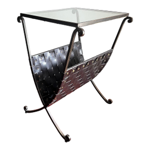 1980s Side Table /Magazine Rack Woven Faux Leather Glass Top