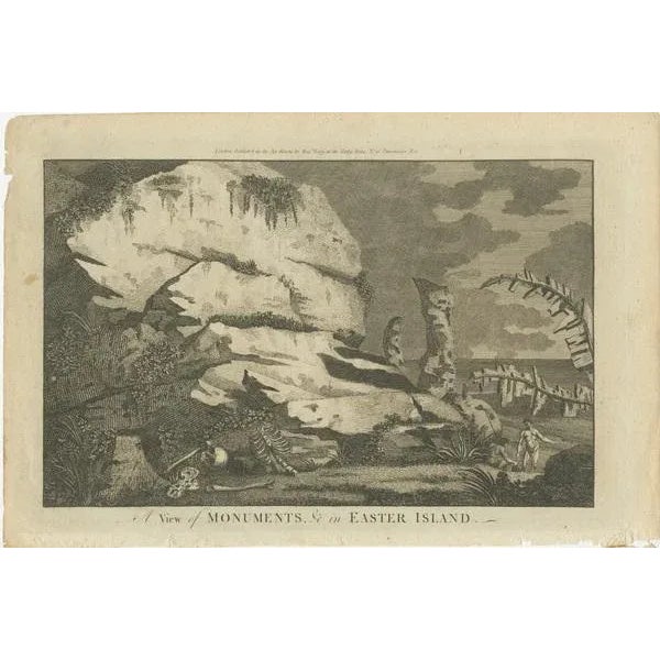 This original antique engraving is a historical depiction of Easter Island, known for its monumental statues called Moai....