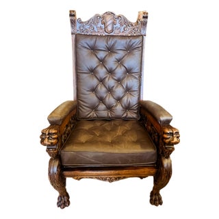 Early 20th Century Ornately Carved Quarter Sawn Oak Throne Chair For Sale