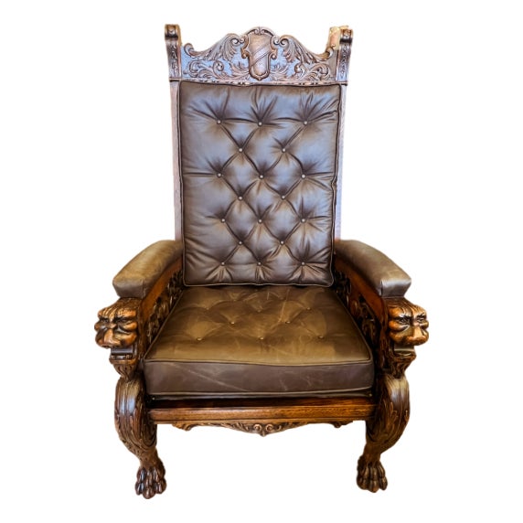 Early 20th Century Ornately Carved Quarter Sawn Oak Throne Chair For Sale