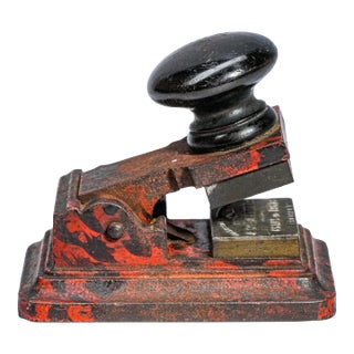 Unusual Painted Pattern Antique Metal Cast Iron Desk Embosser Clamp Paperweight Industrial Home Decor For Sale