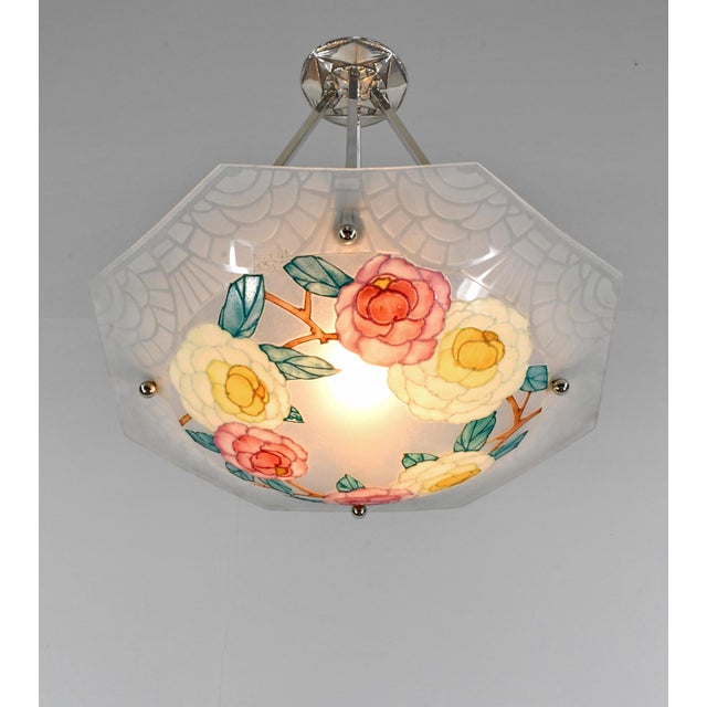 Art Deco Loys Lucha French Art Deco Pendant Light 1930s - Octagonal Pink Rose Enameled Shade For Sale - Image 3 of 16