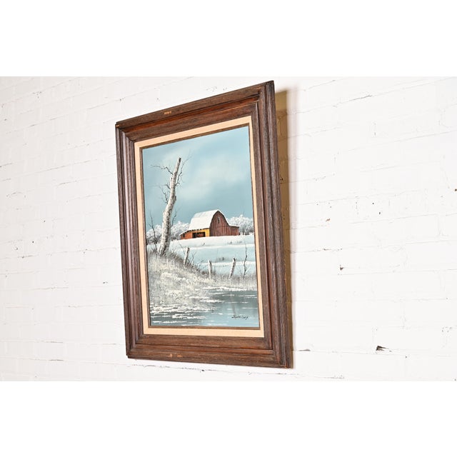 American Original Artist Signed "Barn in Snowfall" Oil Painting on Canvas in Carved Wood Frame For Sale - Image 3 of 13