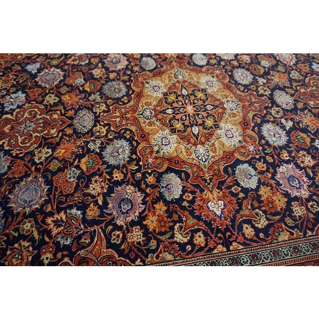 Navy Blue 1920s Blue Navy Medallion Antique Persian Silk & Wool Kashan Carpet 4'4" X 6'6' Rug For Sale - Image 8 of 13