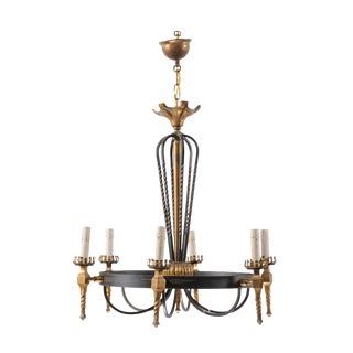Elegant French Black and Gold Iron Chandelier From the Mid-20th Century For Sale