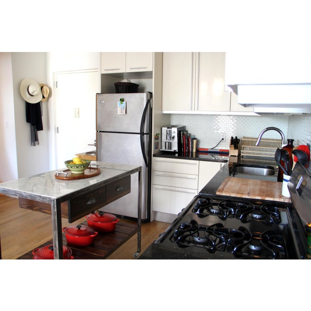 1970s Mid Century Modern Marble Brushed Metal Kitchen Island