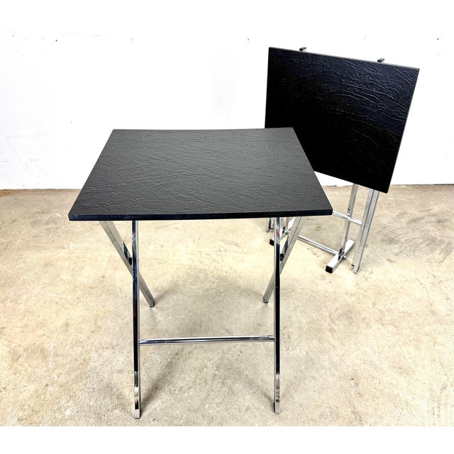 Vintage 1970’s Modern Folding Chrome & Faux Slate Tray Tables Stand by Artex For Sale - Image 10 of 12