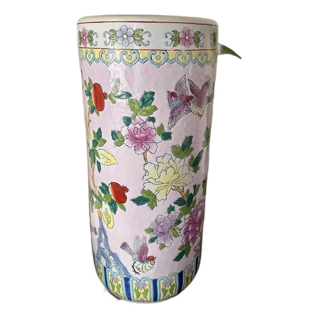 Mid-Century Pink Chinoiserie Hand Painted Floral and Bird Motif Umbrella Stand For Sale