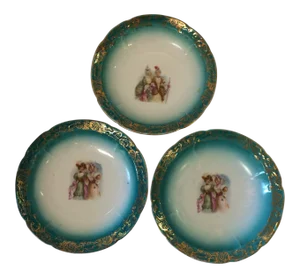 Teal and Gold Rimmed Hand Painted Ladies Bowls - Set of 3