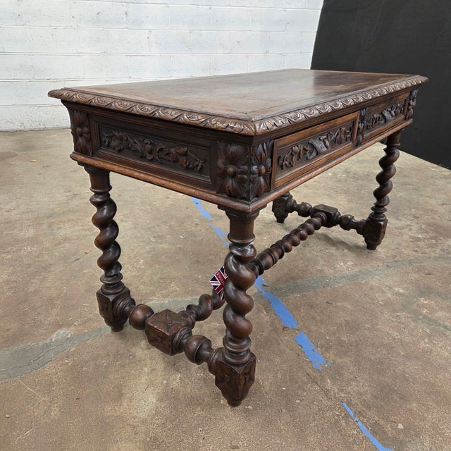 Mid 19th Century Jacobean Carved Oak Barley Twist H-Stretcher and Leg Writing Table For Sale - Image 4 of 18