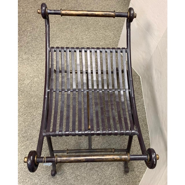 Hollywood Regency Curved Neoclassical Regency Cerule Bench Gilded Burnished Metal For Sale - Image 3 of 8