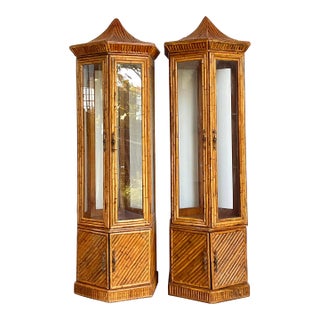 Vintage Pagoda Split Rattan Tall Cabinets - A Pair For Sale