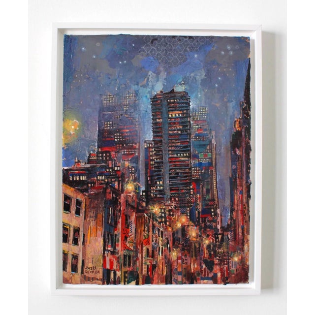 Nighttide by Josh George | Mixed media on wood panel cityscape with skyscrapers at night For Sale - Image 4 of 5