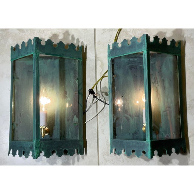 Pair of Artistic Vintage Patinated Metal Wall Lantern Sconces For Sale - Image 9 of 12