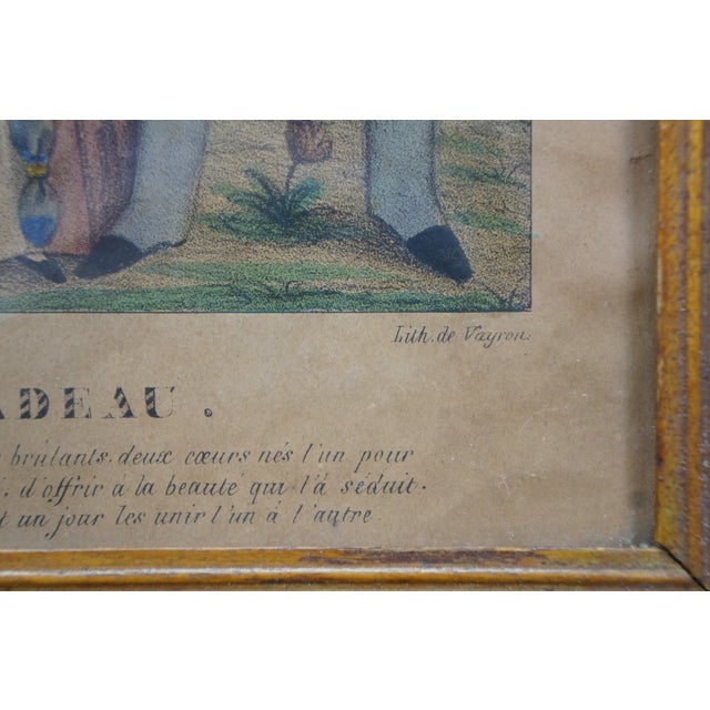 Wood Antique French Hand Colored Lithograph 'Le Cadeau' Romance Courting Scene Framed For Sale - Image 7 of 11