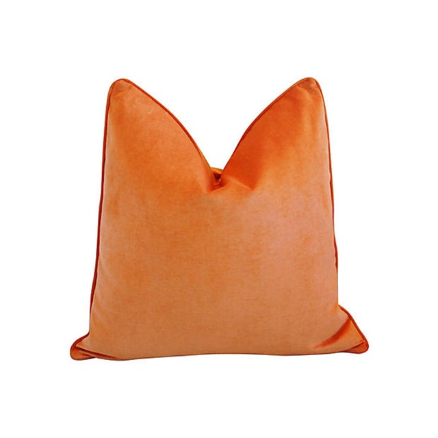Mid-Century Modern Tangerine Orange Cotton Velvet Feather/Down Pillow Square For Sale - Image 3 of 3