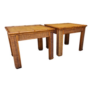 1970s Modern Reed Panel Rattan Bamboo Side Tables - Pair For Sale