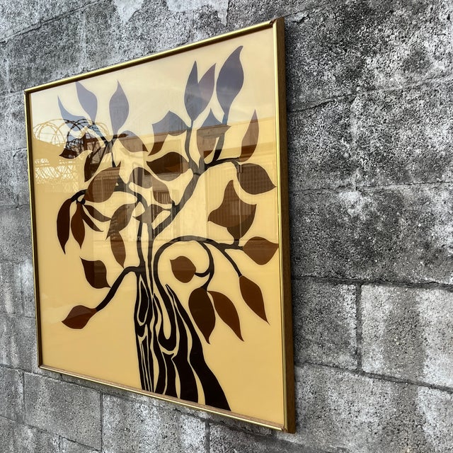 Large Vintage Bohemian Mid Century Modern Framed Botanical Glass Wall Art Circa 1970s Features a botanical art in vibrant...