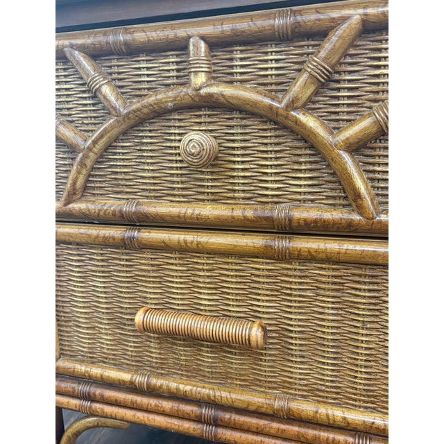 Highly sought after Henry Link faux bamboo and woven rattan 2 drawer nightstand with sunburst detailing. Coordinating pair...