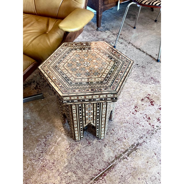 Art Deco Vintage Marquetry Wood Inlay With Mother-of-Pearl Hexagonal Side Table For Sale - Image 3 of 8
