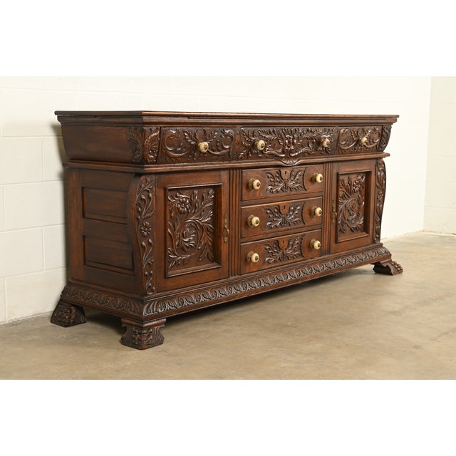 Victorian R. J. Horner Style Antique Victorian Renaissance Revival Carved Oak Sideboard Credenza or Bar Cabinet, Circa 1890s For Sale - Image 3 of 12