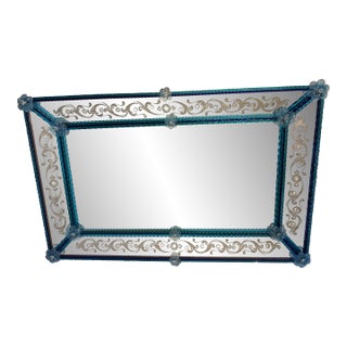 Contemporary Modern Venetian Blue Wall Mirror Hand-Carved in Murano Glass For Sale