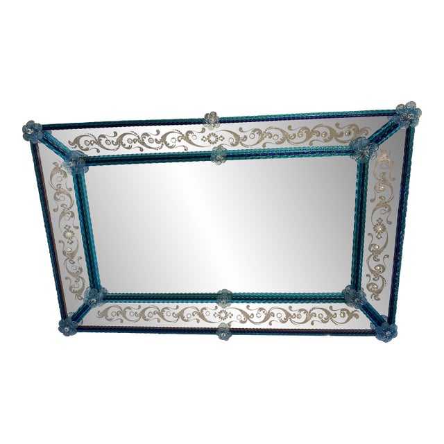 Contemporary Modern Venetian Blue Wall Mirror Hand-Carved in Murano Glass For Sale