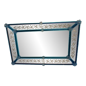 Contemporary Modern Venetian Blue Wall Mirror Hand-Carved in Murano Glass