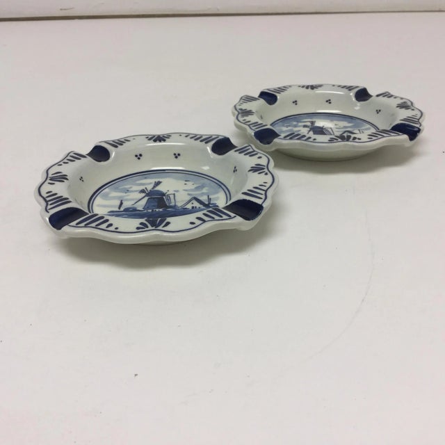 Traditional Vintage Delft Hand Painted Blue & White Petite Ashtrays - A Pair For Sale - Image 3 of 5