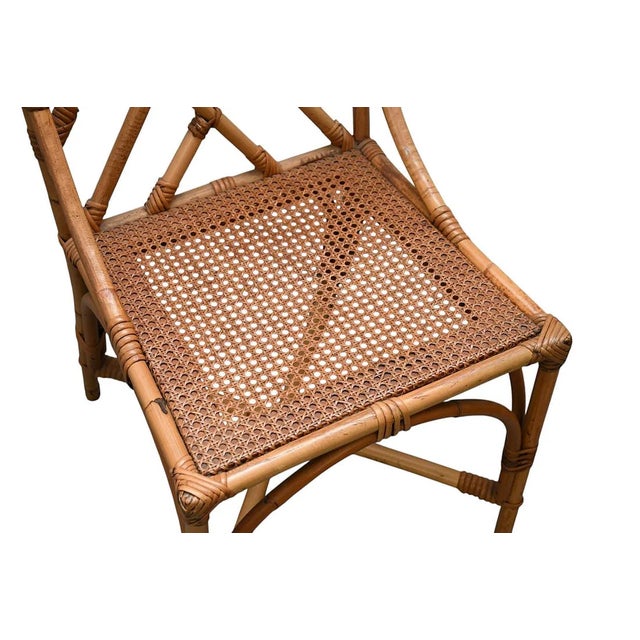 Chippendale 4 Vintage Rattan Style Side Chairs, Cane Seats With Green/White Cushions For Sale - Image 3 of 8