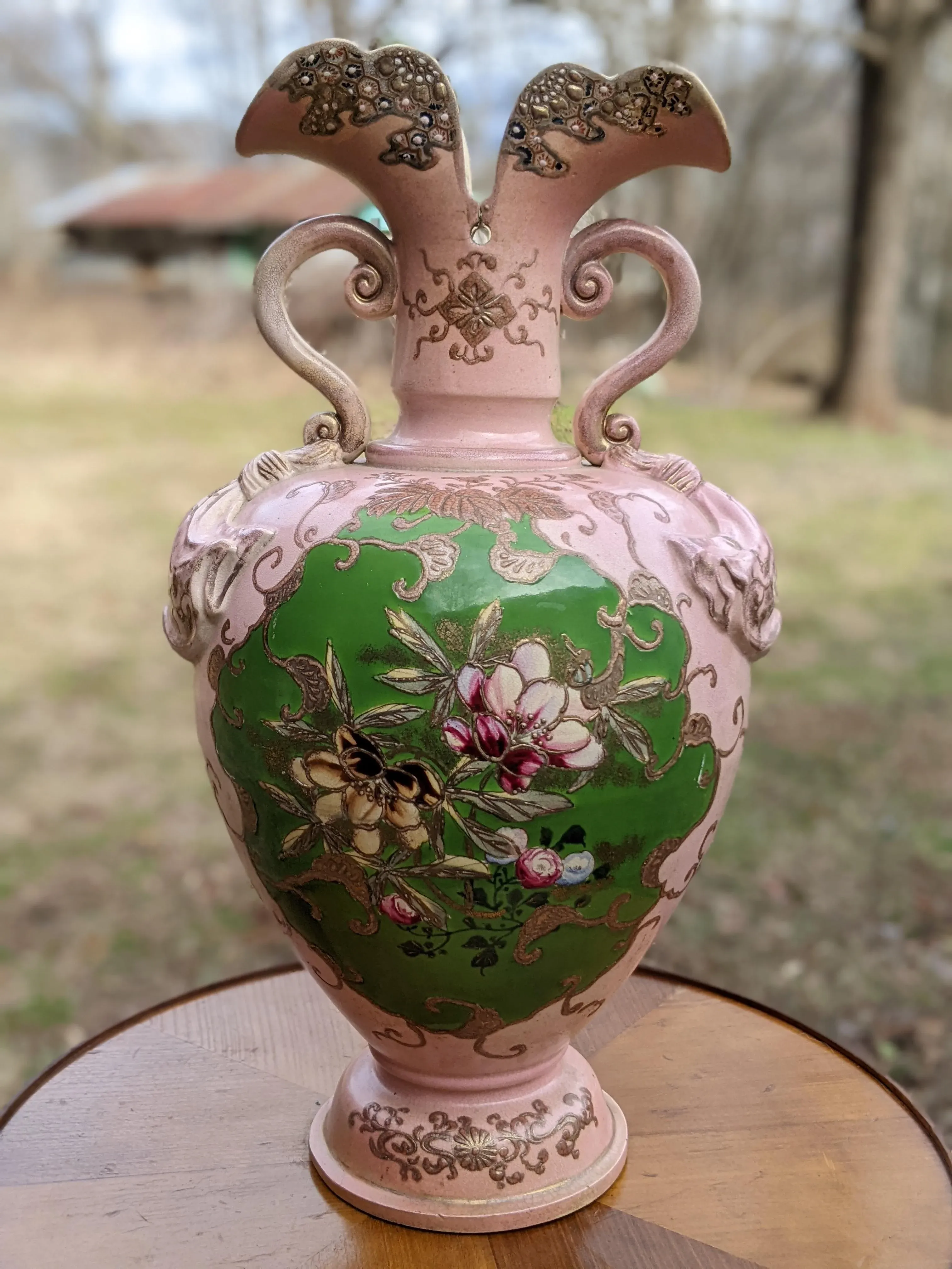 Vintage 1950s Pink Ceramic Two-Handled Kimono-Opening Urn-Style