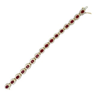 Ruby Diamond Halo 14k Yellow Gold Bracelet For Sale