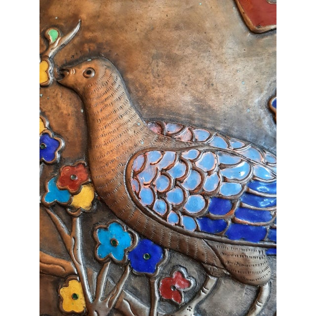 Vintage Pair of Asian Enamel on Metal Birl Floral Wall Art For Sale In Fayetteville, AR - Image 6 of 13