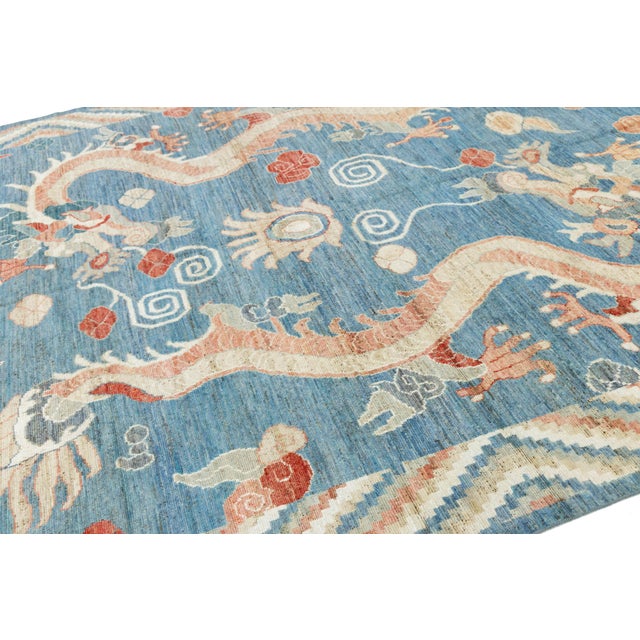 Contemporary Oriental Mythological Dragon Rug - Sky Blue & Terracotta Wool 8x10 For Sale - Image 4 of 11