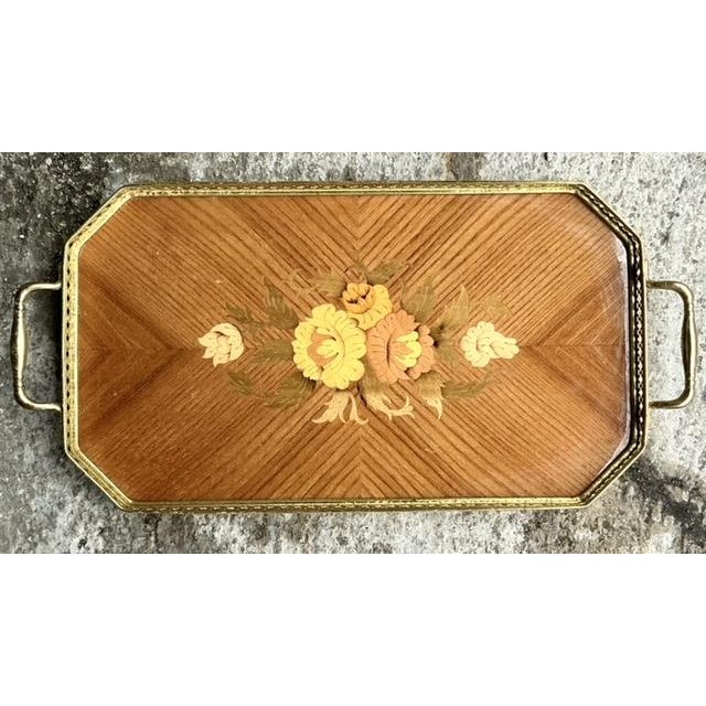 Italian Vintage Boho Italian Marquetry Brass Gallery Tray For Sale - Image 3 of 9