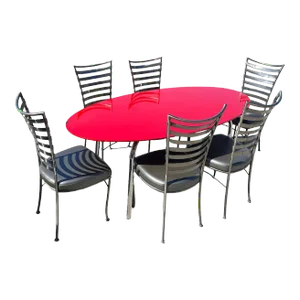 Vintage Cantoni Red Lacquer & Chrome Oval Dining Table Set With Chairs - Set of 7