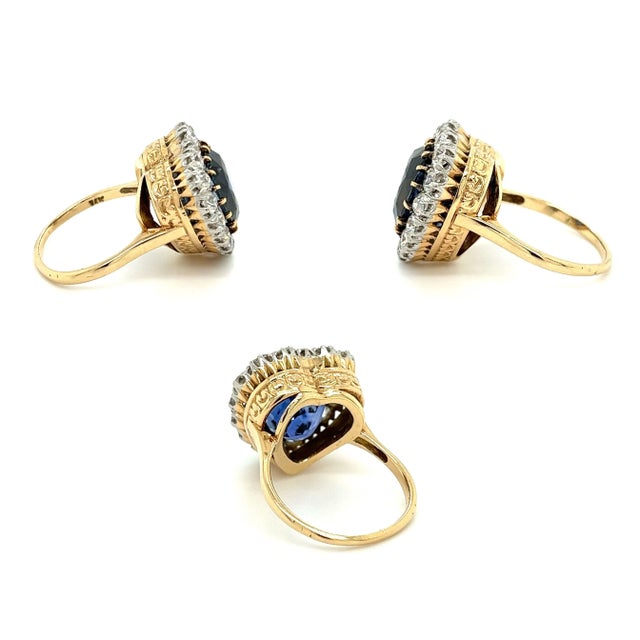 Contemporary 9 Carat No Heat Ceylon Blue Sapphire & Old Euro Cut Diamond Ring in 14K, Size 6.5 For Sale - Image 3 of 10