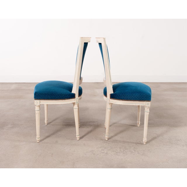 Wood Set of Eight Louis XVI Style Painted Dining Chairs in Blue Velvet For Sale - Image 7 of 18