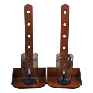 1970s 2 Shaker Early American Style Cherry Peg Rail Hurricane Wall Sconce Lights 34" For Sale