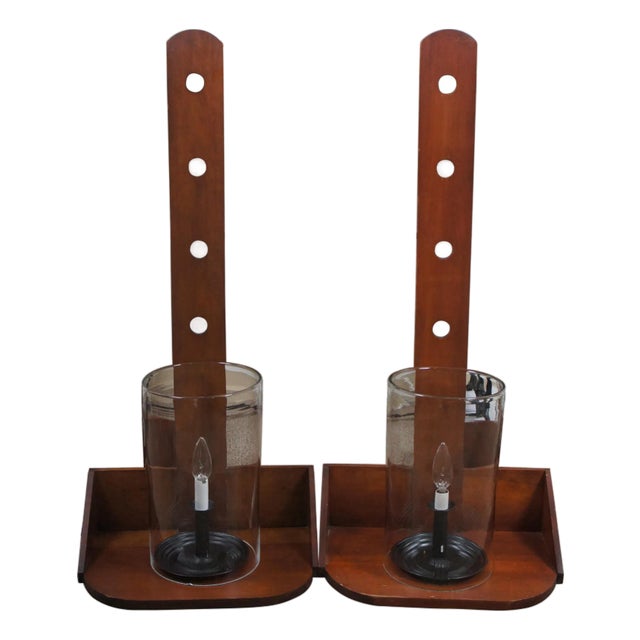 1970s 2 Shaker Early American Style Cherry Peg Rail Hurricane Wall Sconce Lights 34" For Sale
