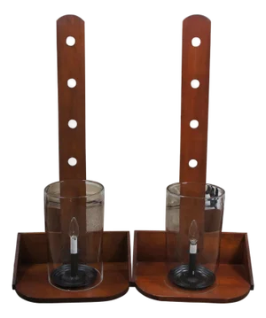 1970s 2 Shaker Early American Style Cherry Peg Rail Hurricane Wall Sconce Lights 34"