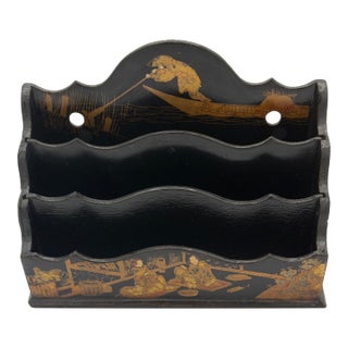 Victorian Japanese Export Black. Lacquer Chinoiserie Wall Pocket Letter Holder For Sale
