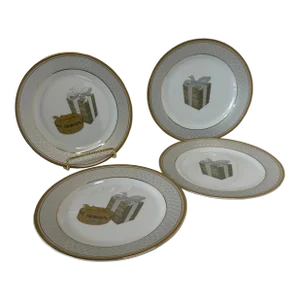 Vintage Lillian Vernon Christmas/Birthday Platinum Gold Rim Plates- Set of 4