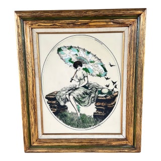 Art Deco Signed Louis Icart Hand Colored Etching on Acrylic Sheet Titled Parasol For Sale