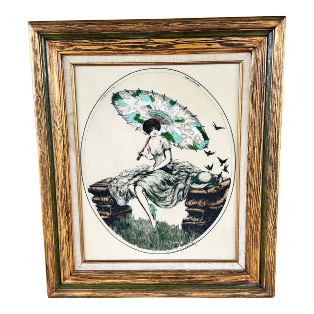 Art Deco Signed Louis Icart Hand Colored Etching on Acrylic Sheet Titled Parasol For Sale