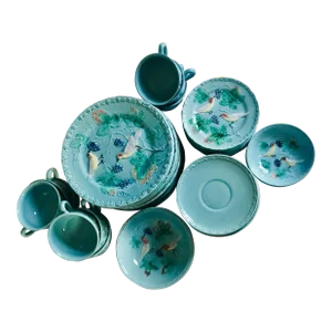 Antique West German Highmount Majolica Blue Bird and Grape China Set