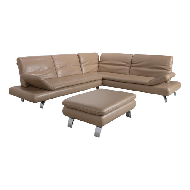 Set of Light Brown Leather Rodrigo Corner Sofa and Ottoman with Manual Function from Contur For Sale