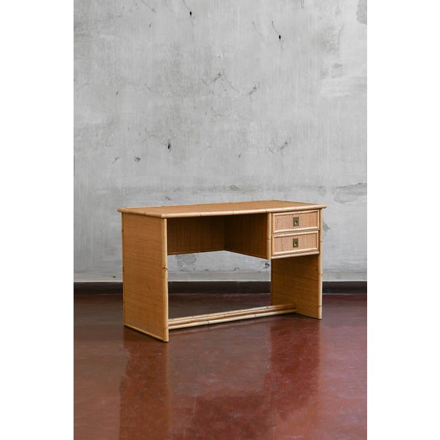 Tan Desk in Bamboo and Wicker with Brass Details attributed to Dal Vera, 1970s For Sale - Image 8 of 8
