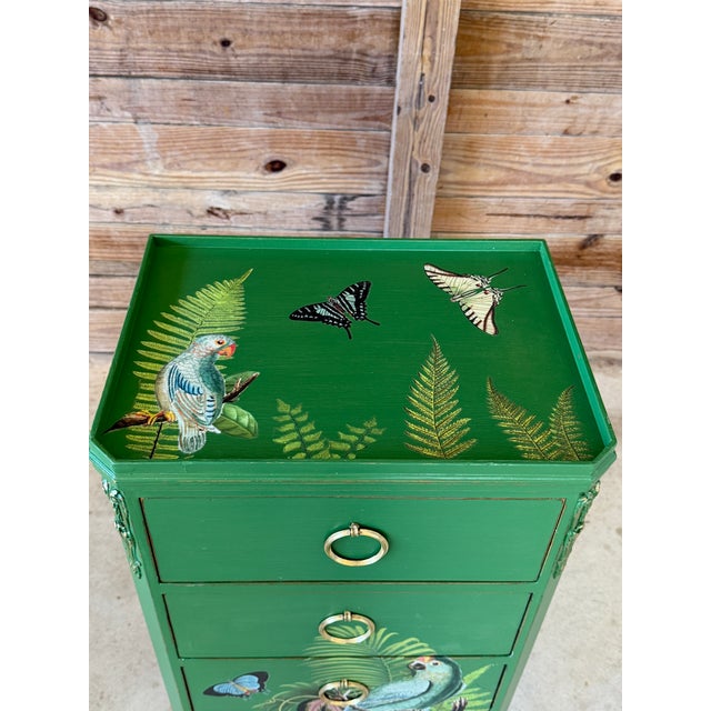 Mid 20th Century Custom Painted Tropical Parrot Decoupage Lingerie Chest or Tall Nightstand For Sale - Image 5 of 12